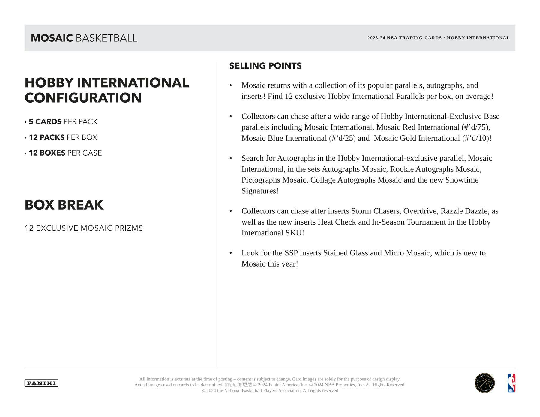 2023-24 Panini Mosaic Basketball International Hobby Box - Miraj Trading