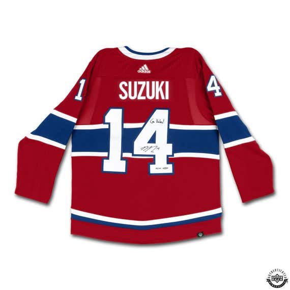 Nick Suzuki Autographed & Inscribed "Go Habs" Red Adidas Montreal Canadiens Jersey - Miraj Trading