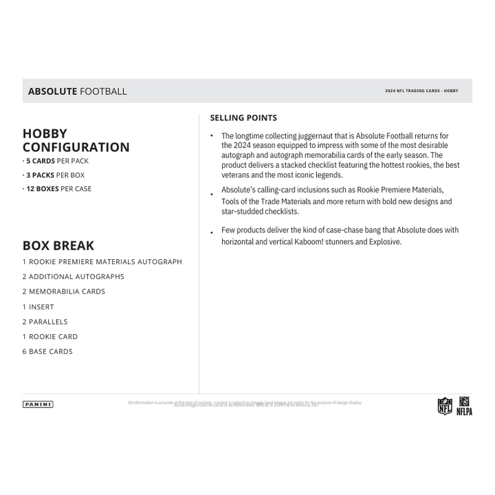 2024 Panini Absolute Football Hobby Box - Miraj Trading