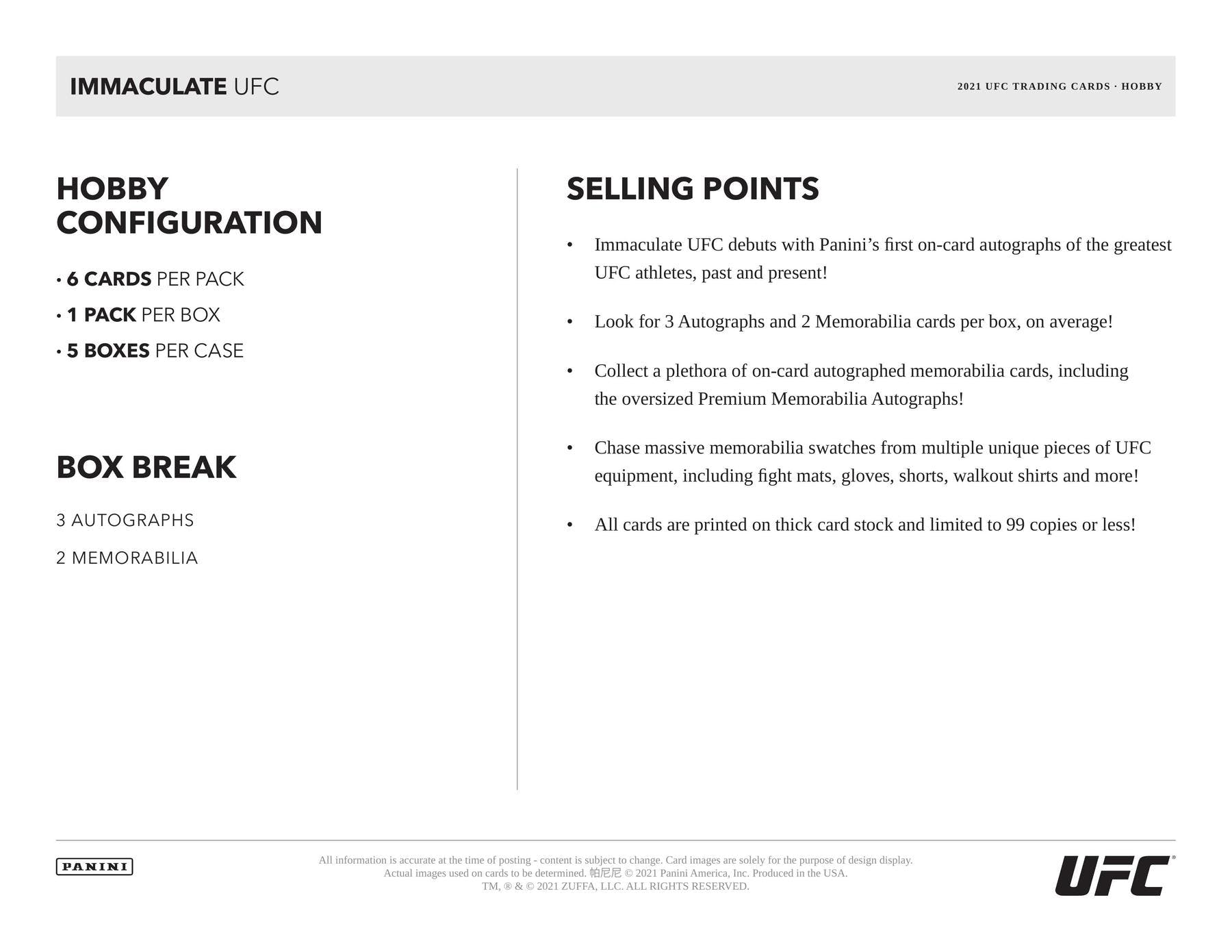 2021 Panini Immaculate UFC Hobby Box - Miraj Trading