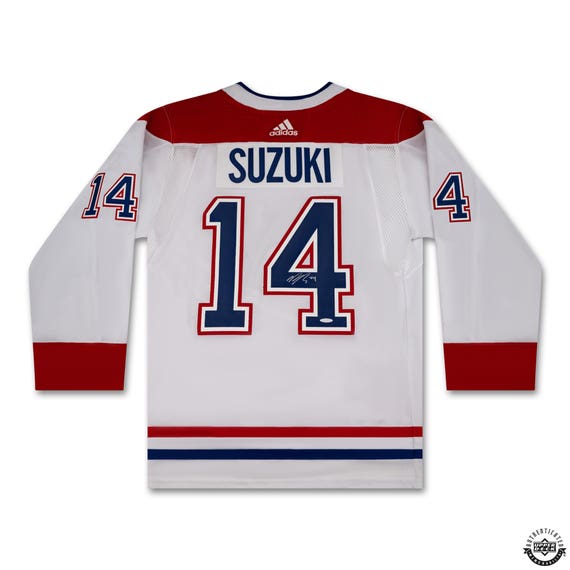 Nick Suzuki Autographed White Adidas Montreal Canadiens Jersey With Captains Patch - Miraj Trading